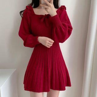 Long-sleeve Ruffle Knit Mini A-line Dress