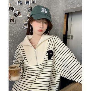 Half-zip Striped Sweatshirt Beige - One Size
