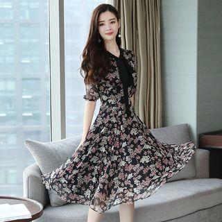 Floral Printed Short-sleeve A-line Midi Dress
