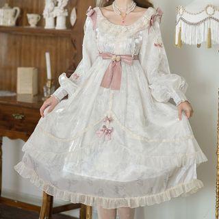 Long-sleeve Ruffle Bow Accent A-line Dress / Midi A-line Dress / Faux Pearl Necklace / Set