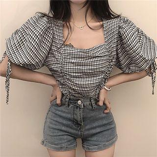 Puff-sleeve Drawstring Ruffled Plaid Top As Shown In Figure - One Size