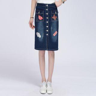 Patched Denim Midi Skirt