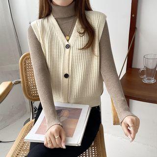 Long-sleeve Turtleneck Knit Top / Button Sweater Vest