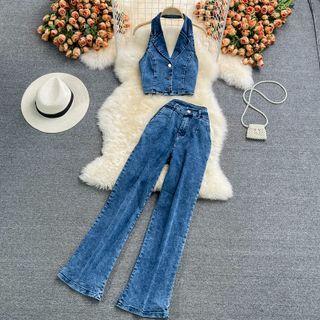 Set: Halter Open Back Tank Top + Wide Leg Jeans