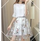 Set: Bell-sleeve Chiffon Blouse + Floral A-line Skirt