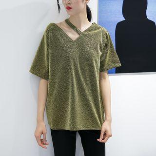 Short-sleeve Cutout Glitter Top
