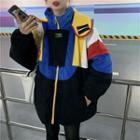 Color Block Corduroy Hooded Zip Jacket