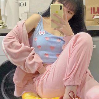 Heart Embroidered Tank Top / Zip Jacket / Cropped Harem Pants