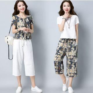 Set: Printed Short-sleeve T-shirt + Wide Leg Cropped Pants