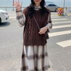 Cable-knit Vest / Plaid Long-sleeve Midi Collared Dress