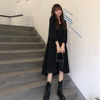 3/4-sleeve Plain Midi A-line Dress Black - One Size