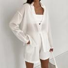 Set: Long-sleeve Plain Shirt + Loose Fit Shorts