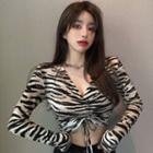 Zebra-print Drawstring Crop T-shirt