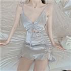 Spaghetti Strap Drawstring Frill Trim Mini Sheath Dress