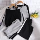 Set Of 2: Hooded Long-sleeve Pullover + Wide-leg Sweatpants