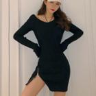 Long-sleeve Zip Hem Mini Sheath Knit Dress Black - One Size