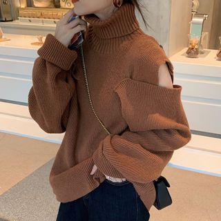 Turtleneck Cutout Sweater Caramel - One Size