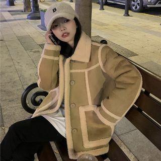 Faux Shearling Two Tone Button-up Oversize Jacket Khaki - One Size