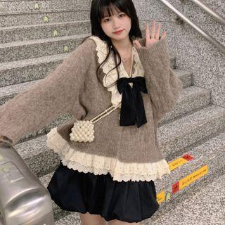Set : Lace Panel V-neck Sweater + Plain Bubble Skirt