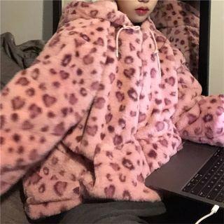 Leopard Print Fleece Hooded Jacket Leopard Pattern - Pink - One Size