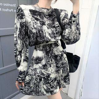 Long-sleeve Printed Mini A-line Dress As Shown In Figure - One Size