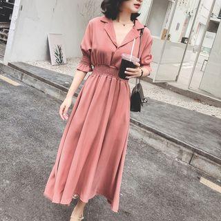Band-waist Elbow-sleeve Midi A-line Shirt Dress