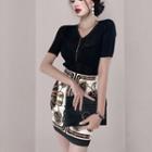 Set: V-neck Knit Top + Print Mini Pencil Skirt