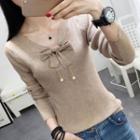 Faux Pearl Bow Accent Knit Long Sleeve Top