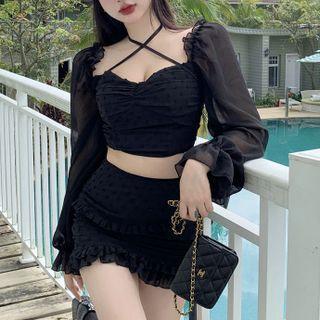 Long-sleeve Dotted Chiffon Crop Top / Frill Trim Mini Skirt