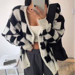 V-neck Checkerboard Cardigan Checkerboard - Black & White - One Size