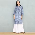 3/4-sleeve Print Panel Slit Midi Sheath Qipao Dress