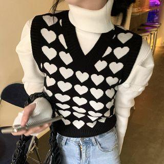 Turtleneck Ribbed Ruffled Knit Top / Heart Print Knit Vest
