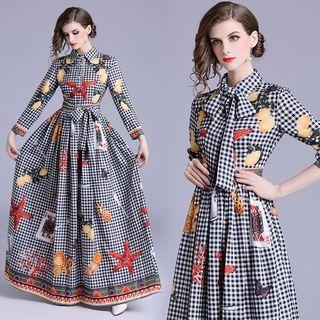 Long-sleeve Plaid Printed A-line Maxi Dress