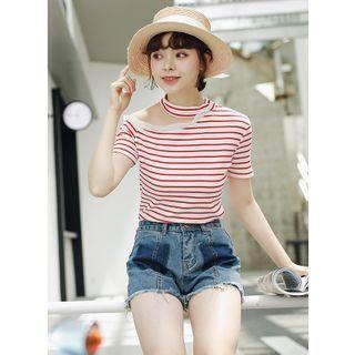 Striped Asymmetric Lace Trim Cutout Short-sleeve T-shirt