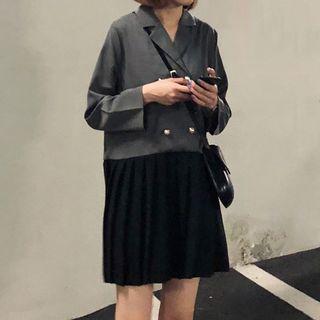 Long-sleeve Notch-lapel Mini A-line Shirt Dress Black Gray - One Size