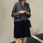 Long-sleeve Notch-lapel Mini A-line Shirt Dress Black Gray - One Size