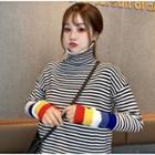 Turtleneck Stripe Long-sleeve Knit Top As Shown In Figure - One Size