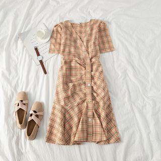 Asymmetric Ruffle Hem Plaid Midi Dress As Shown In Figure - One Size
