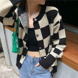 Long-sleeve Plaid Cardigan Black & Almond - One Size
