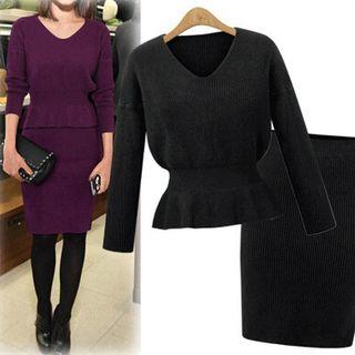 Set: V-neck Sweater + Knit Skirt