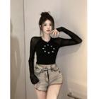 Long-sleeve Cross Print Mesh Panel Crop Top