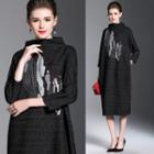 Floral Embroidered Mock-turtleneck Long-sleeved Loose-fit A-line Long Sheath Dress
