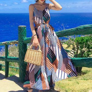 Spaghetti Strap Pattern Paneled A-line Midi Dress