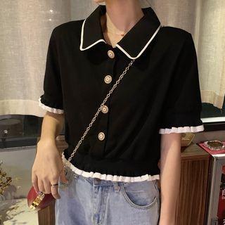 Contrast Trim Collared Short-sleeve Button Cropped T-shirt Black - One Size