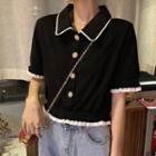 Contrast Trim Collared Short-sleeve Button Cropped T-shirt Black - One Size