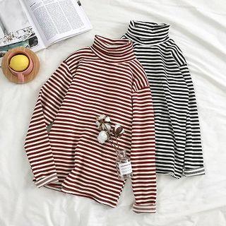 Color-block Mock-neck Striped Long-sleeve Top