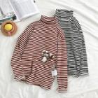 Color-block Mock-neck Striped Long-sleeve Top