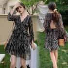 Printed Long-sleeve Ruffle Trim Mini A-line Dress