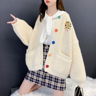 Badge Embroidered Waffle Knit Cardigan