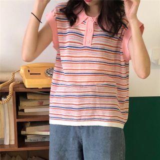 Sleeveless Striped Knit Polo-shirt